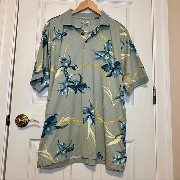 Tommy Bahama Floral Polo Shirt Green Blue and Yellow Ribbed Collar & Sleeves LRG - Picture 1 of 7